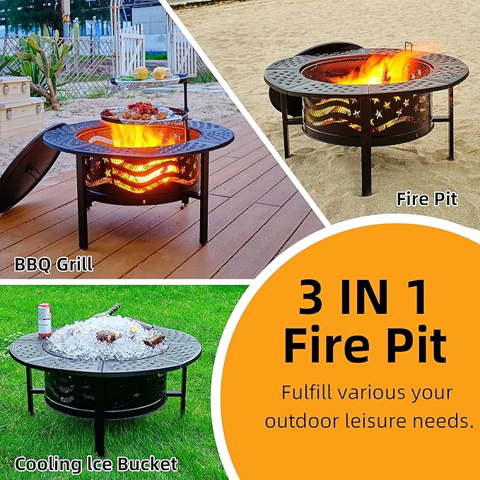 PrimeZone 42" Outdoor Fire Pit with 2 Grills - Wood Burning Firepit for Outside with Cover & Poker, Heavy Duty Metal Fire Pit Large Round Fireplace for Patio, Backyard, Picnic, Camping, Bonfire