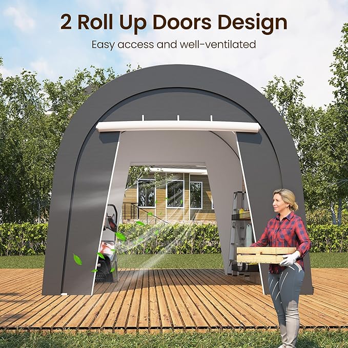 Wisteria Lane Domed Carport, Portable Garage with 2 Roll up Doors, Heavy Duty Car Canopy Party Tent, All-Season Storage Shelter Shed Carport for Motorcycle, Boat, Truck, or Garden Tools, 10' x 15'