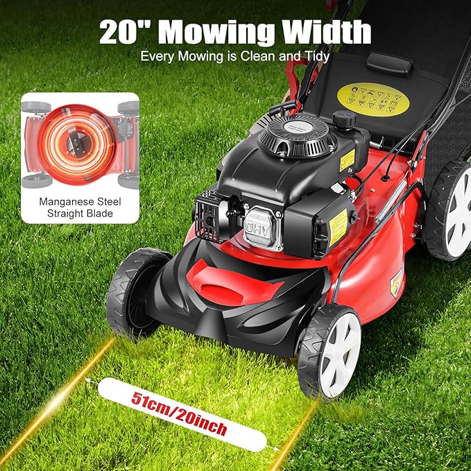 Self-Propelled Gas Lawn Mower, 20-Inch Mowing Width, 140CC 4-Stroke 5HP Engine, Adjustable Height with 8 Gears, Large Grass Bag 15.9Gal