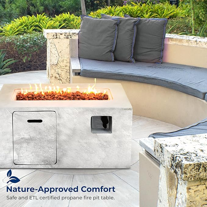SereneLife Fire Pit Table 50,000 BTU Propane Gas Fire Pit with Adjustable Flame, Stainless Steel Burner, Weather-Resistant Build, Easy Propane Tank Access, and Elegant Lava Rocks for Patio or Backyard