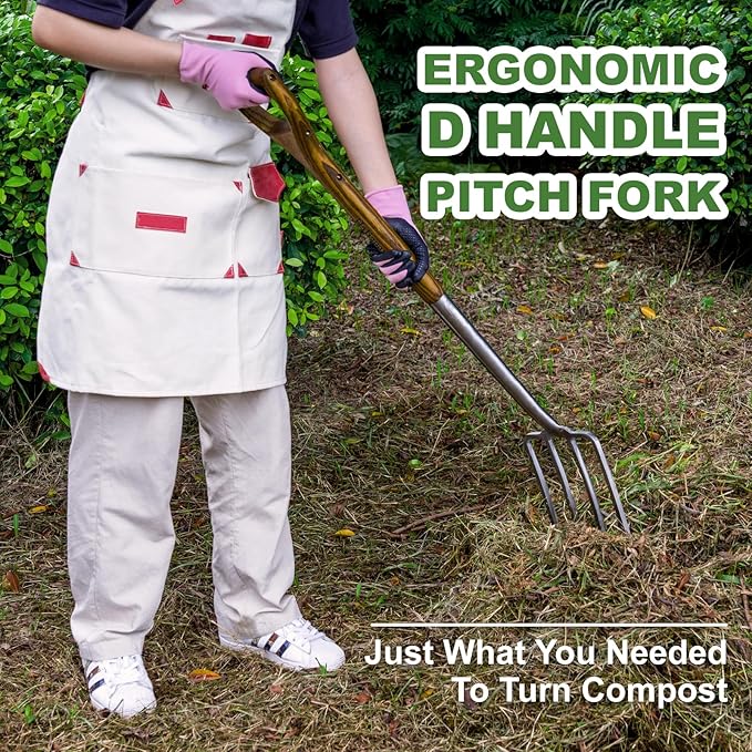 Garden Pitch Fork, 4-Tine Stainless Steel Spading Fork, 43.9'' Digging Fork with Good Leverage for Easy Digging Out Weed, Ergonomic D Handle Garden Fork for Composting, Digging Potatoes Loosening Soil