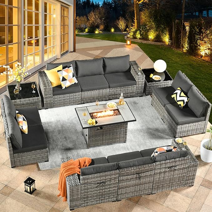 HOOOWOOO 13 Piece Modular Patio Outdoor Sectional Furniture Set with Gas Propane Fire Pit Table,Wicker Conversation Sofa Set,Out Door Couch Set with Wide Arm Outside(Black)