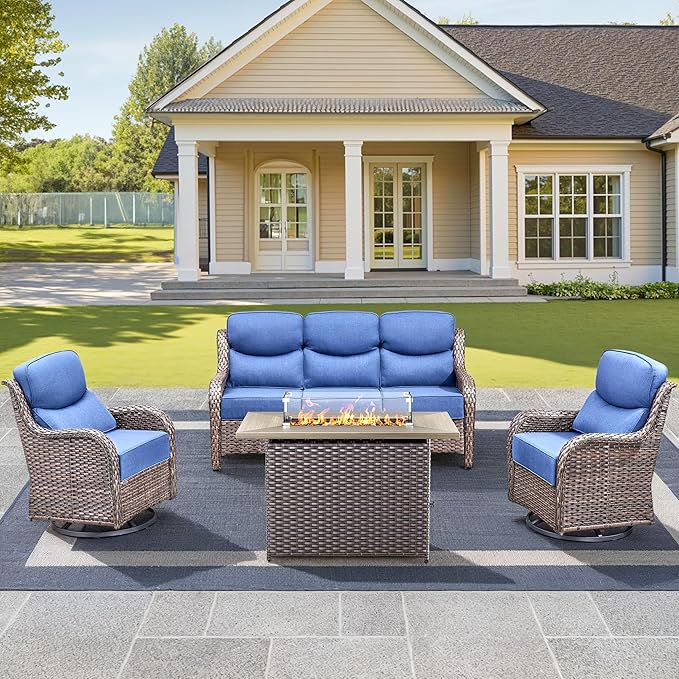 Luxury High Back Outdoor Furniture 6-Inch Thick Cushions with 50,000 BTU Gas Propane Fire Pit Tablet, Patio Furniture Set with Swivel Chairs, for Porch, Balcony, Deck and Yard