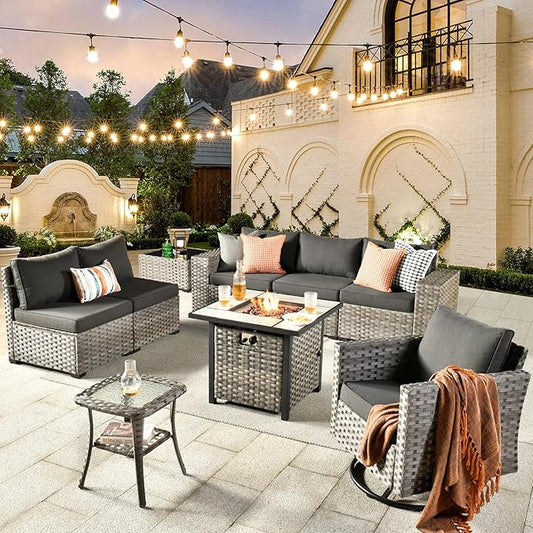 HOOOWOOO 9 Piece Modular Patio Outdoor Sectional Furniture Set with Gas Propane Fire Pit Table,Wicker Conversation Sofa Set with Swivel Chairs,Outside Couch Set(Black)