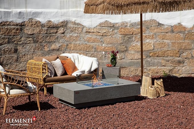 Elementi+ | Bundle Monte Carlo Gas Fire Pit Cast Concrete 60" Rectangular Fire Table | Electronic Ignition | Canvas Cover, Fire Glass and Burner Lid Included | Light Gray | Propane Gas