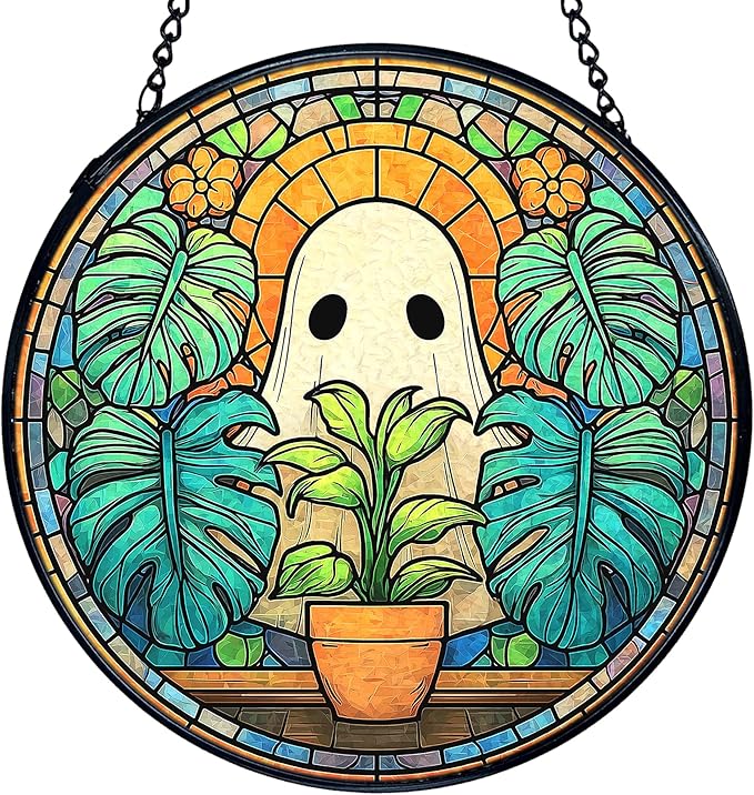 TNUW Ghost Plant Stained Glass Window Hanging, Halloween Ghost Sun Catchers Indoor Window Glass Round Wall Art Decor, Plant Lovers Gifts Wall Hanging Decorations, 7.9＂x7.9＂