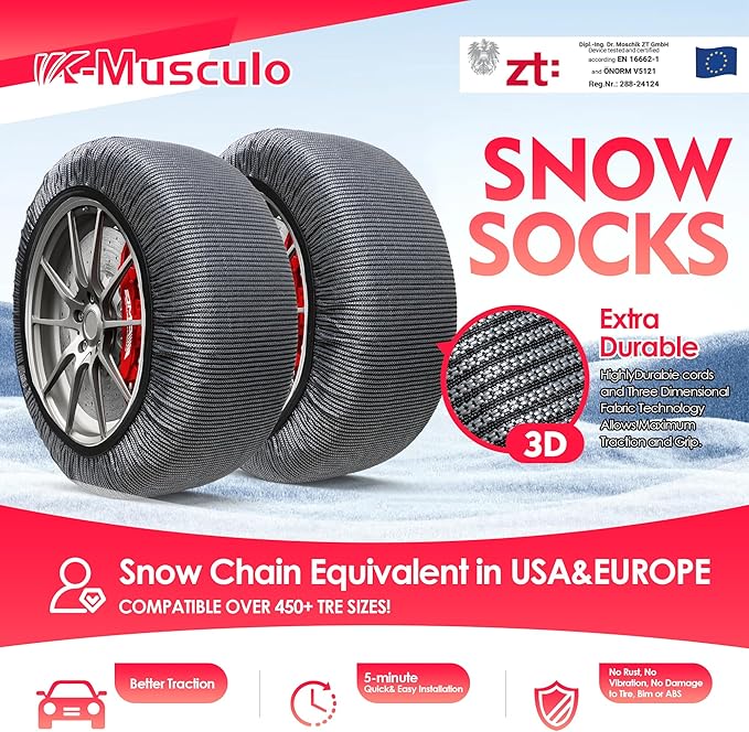 K-Musculo Snow Socks for Tires, Snow Socks Snow for Car SUV Pickup Easy to Use, Ultimate Grip, Washable.100 KM Safely In The Snow, EU EN-16662-1 Certififed(2 PACKS)-XL