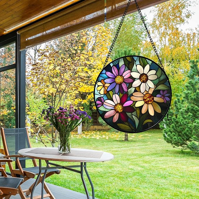 CRICRISGIF Stained Glass Window Hanging - Colorful Daisies Suncatcher for Door Garden Patio Retro Flower Sun Catchers Decor Christmas Mother's Day Birthday Gifts for Women Mom Nana Aunt Friend 9.8 in