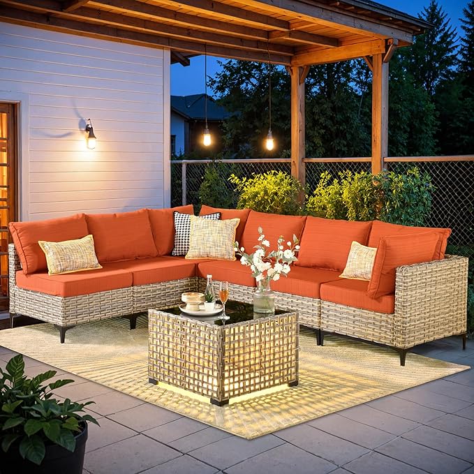 HOOOWOOO Outdoor Patio Furniture Set,7 Pieces Wicker Out Door Sectional Furniture L Shaped Couch,Outside Patio Conversation Sets with LED Table,Brick Red