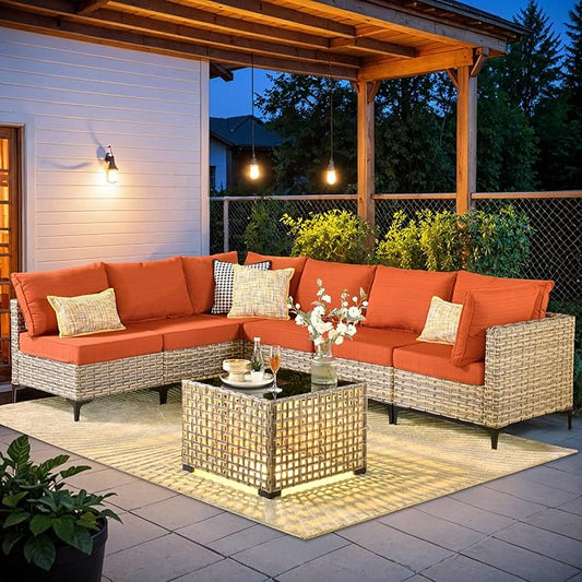 HOOOWOOO Outdoor Patio Furniture Set,7 Pieces Wicker Out Door Sectional Furniture L Shaped Couch,Outside Patio Conversation Sets with LED Table,Brick Red