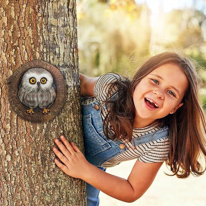 Baby Owl Resin Tree Faces, Whimsical Owlet Hugger Sculpture, Outdoor Garden Ornament for Yard Lawn Patio Porch, Tree Decor Unique Garden Gift, Durable Waterproof Resin Statue