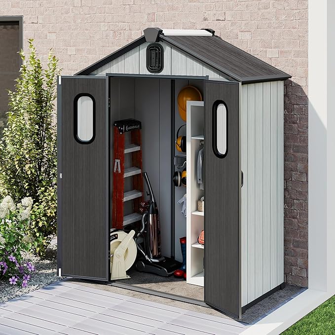 Domi 5x3FT Resin Outdoor Storage Shed with Lockable Door, Waterproof Outside Sheds with Windows & Vents, Heavy-Duty Plastic Tool Storage Shed for Patio Furniture, Lawn Mower, Bike