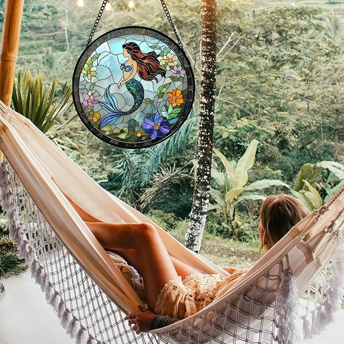 Stained Glass Window Hanging - Light Blue Mermaid Suncatcher for Door Terrace Garden Home Decor, Ocean Flowers Sun Catcher Birthday Gifts for Lovers Women Men Dad Mom Nana 7.8 in