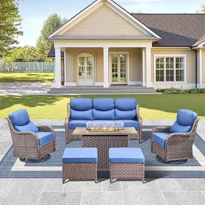Luxury High Back Outdoor Furniture 6-Inch Thick Cushions with 50,000 BTU Gas Propane Fire Pit Tablet, Patio Furniture Set with Swivel Chairs, 6 PCS for Porch, Balcony, Deck and Yard