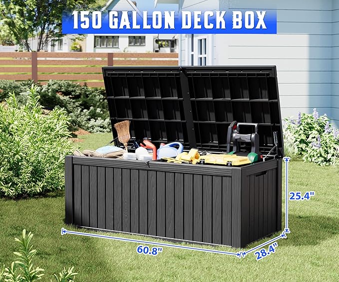 NUNU LAB Outdoor Storage Box 150 Gallon,Resin Large Sturdy Deck Box, Backyard Outside Storage Box Waterproof with Double Wall Panels,Package Delivery Box,Garden Box,Tool Box,Outdoor Hose Storage Bin