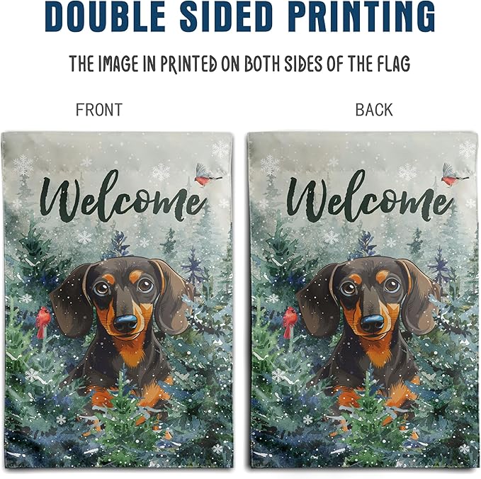 Welcome Winter Garden Flags Dachshund Garden Flag Cardinal Birds on Snowy Pine Tree Flag Dog Yard Flags for Outside 12x18 Double Sided Christmas Decorative Lawn Flags