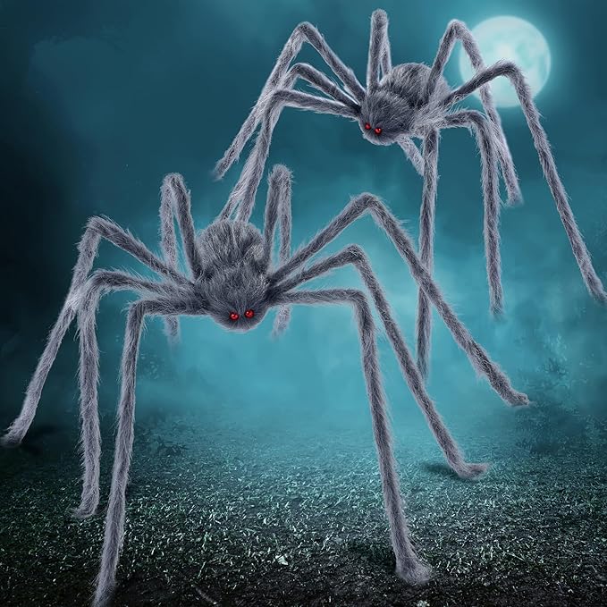 JOYIN 2 Pack 5 Ft Halloween Outdoor Decorations Hairy Gray Spider, Scary Fake Giant Large Spider Haunted House Props, Halloween Lawn Porch Yard Garden Tree Decorations Party Indoor Decor