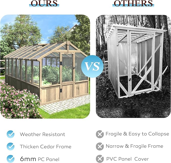 BlueWish 8x14FT Greenhouse, Greenhouses kit with Cedar Frame, Wood Greenhouse with Adjustable Vent, Lockable Door, Green House for Outside, Garden, Backyard,Light Brown Mocha