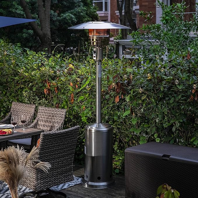 Nuu Garden Outdoor Propane Patio Heater, 46,000 BTU with Stainless Steel Burner and Wheels, Silver for Garden and Terrace