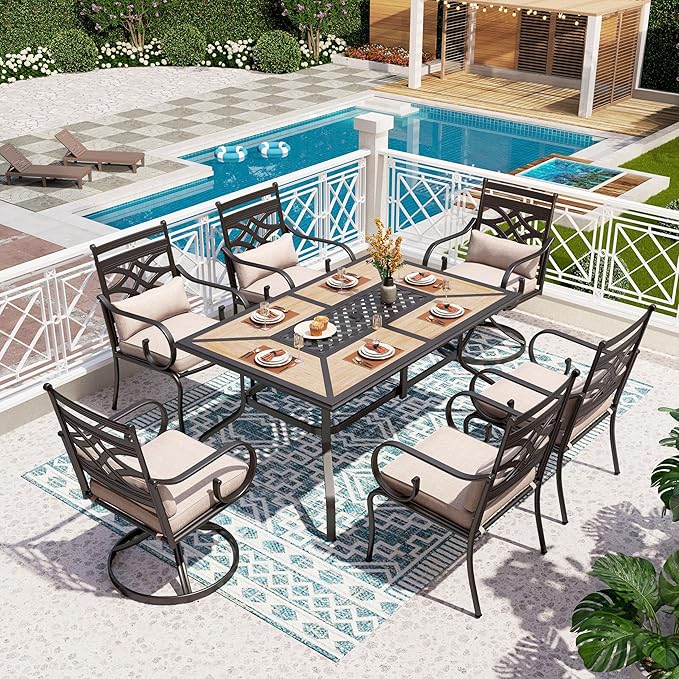 PHI VILLA Patio Dining Set for 6,7 PCS Outdoor Dining Set-1 Rectangle 37"x60" Dining Table (1.57in Umbrella Hole)&6 Patio Dining Chairs(Including 2 Swivel Chairs), for Outdoor Kitchen Lawn and Garden