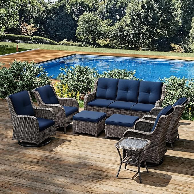Joyside Wicker Patio Furniture Sets 8 Piece Set with 3-Seat Sofa, 2 Swivel Rocking Armchairs, 2 Armchairs, 2 Ottoman and 1 Side Table Wicker Outdoor Furniture Sectional Conversation Set, Blue