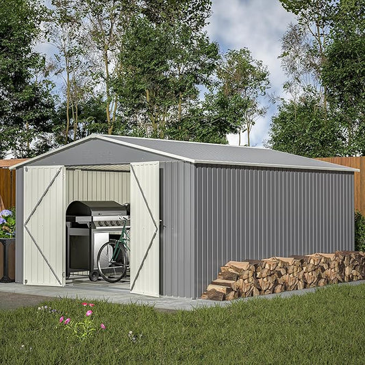 11x13ft Outdoor Metal Storage Shed,Steel Utility Tool Shed Storage House with Double Lockable Doors & Air Vent for Backyard Garden Patio Lawn Gray