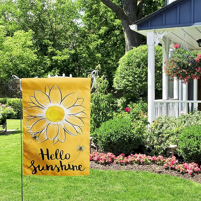 Hello Sunshine Garden Flag Bee Sunflower Flag Summer Garden Flags for Outside Yellow Flower Flag 12x18 Double Sided Yard Outdoor Front Porch Decor