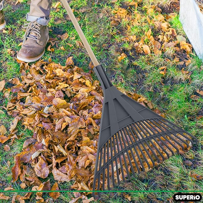 Superio Adult Rake with Hardwood Handle, Durable Plastic Head to Sweep Leaves in Lawn and Tidying Up The Garden, 61"