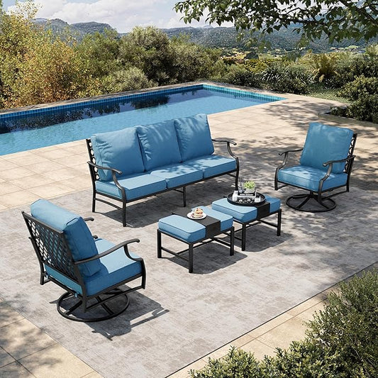 HERA'S HOUSE 5 Piece Patio Furniture Set, 2 x Swivel Chair, 2 x Ottoman, 1 x 3-Seat Sofa, All Cushioned 7 Seats Metal Outdoor Conversation Set for Lawn Garden Backyard