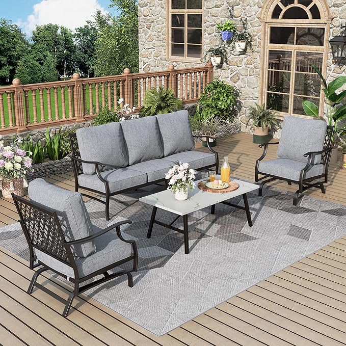 Patio Furniture Set 4 pcs, Outdoor Patio Furniture, 3-Seat Sofa, 2 Rocking Chairs, Metal Coffee Table and 5.75" Extra Thick Cushion, Patio Conversation Set for Garden Backyard Deck,Grey