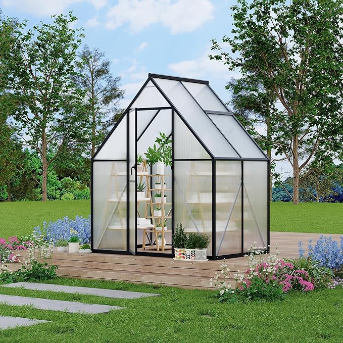 6'x4' Aluminum-Framed Polycarbonate Greenhouse, Heavy Duty Polycarbonate Greenhouse with Quick Setup Structure and Roof Vent, Large Enhanced Aluminum GreenhouseKit for Outdoors