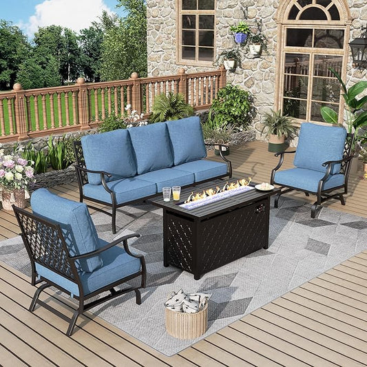 Patio Furniture Set, 4 Pcs Metal Outdoor Conversation Set, 2 Rocking Chairs and 3 Seater Sofa with 5.75" Extra Thick Cushion and Gas Fire Pit Table for Backyard Deck, Navy Blue