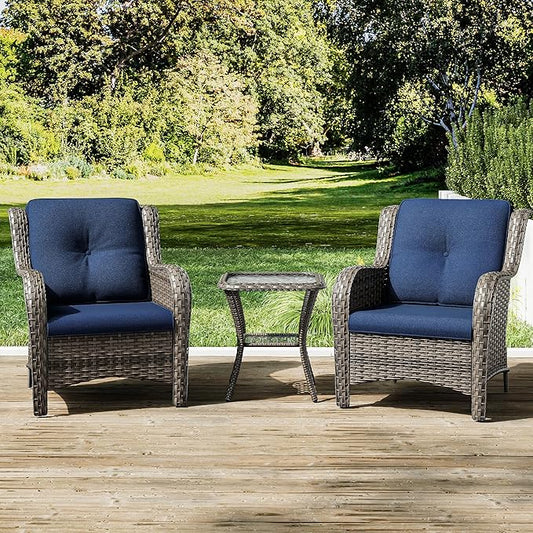 Joyside Patio Bistro Set Wicker Chairs - 3 Piece Outdoor Rattan Conversation Set with 2 Armrest Chair and 1 Side Table for Proch Deck Garden Backyard Balcony(Mixed Grey/Blue)