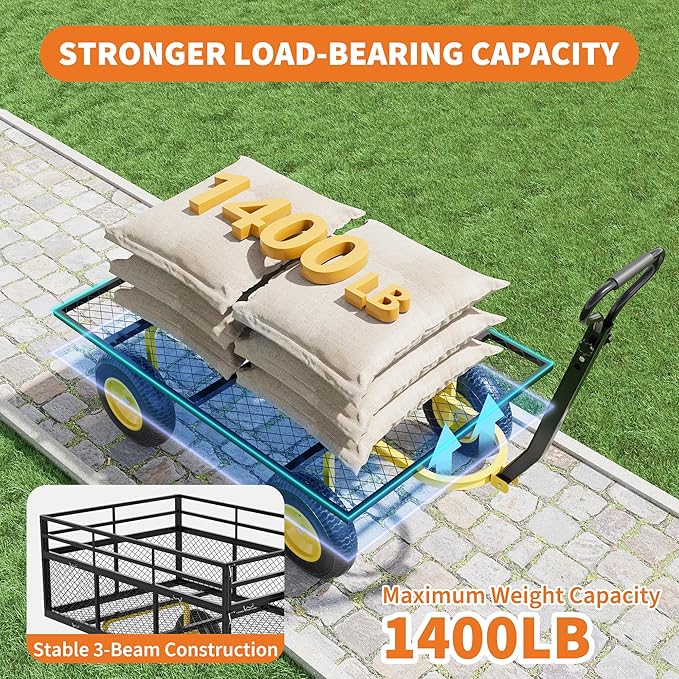 3-in-1 Heavy-Duty Steel Garden Cart, 1400 Lbs Garden Wagon, with 13 Inch All-Terrain Tires and Removable Mesh Side Panels, 180° Rotating Handle, Metal Utility Yard Trailer, Outdoor Gardens Wagon Cart