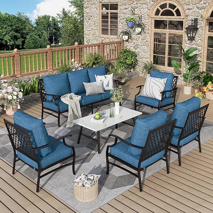Patio Furniture Set 6 pcs, Outdoor Patio Furniture, 1 X 3-Seat Sofa, 4 X Single Chairs, 1 X Coffee Table and 5.75" Extra Thick Cushion, Patio Conversation Set,Gemstone Blue