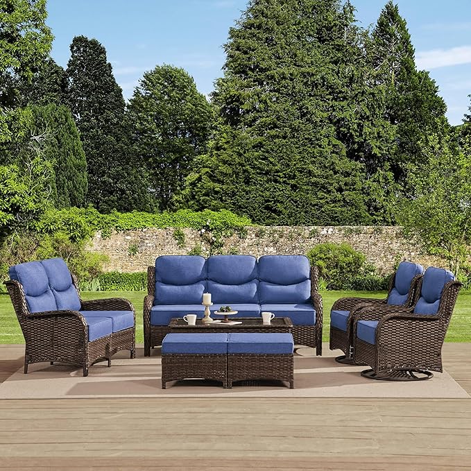 HILLGA Luxury High Back Patio Furniture Set with 6-Inch Thick Cushion, 7-Piece Outdoor Conversation Set with Sofa, Swivel Rocker Chairs & Ottomans, Ideal for Porch Pool Deck Yard (Blue)