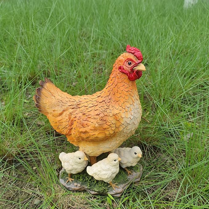 Garden Mother Hen and Baby Chick Statue Sculpture Standing Resin Farm Animal Decoration Chicken Sculpture Yard Art Outdoor Lawn Decoration 13.7'' High