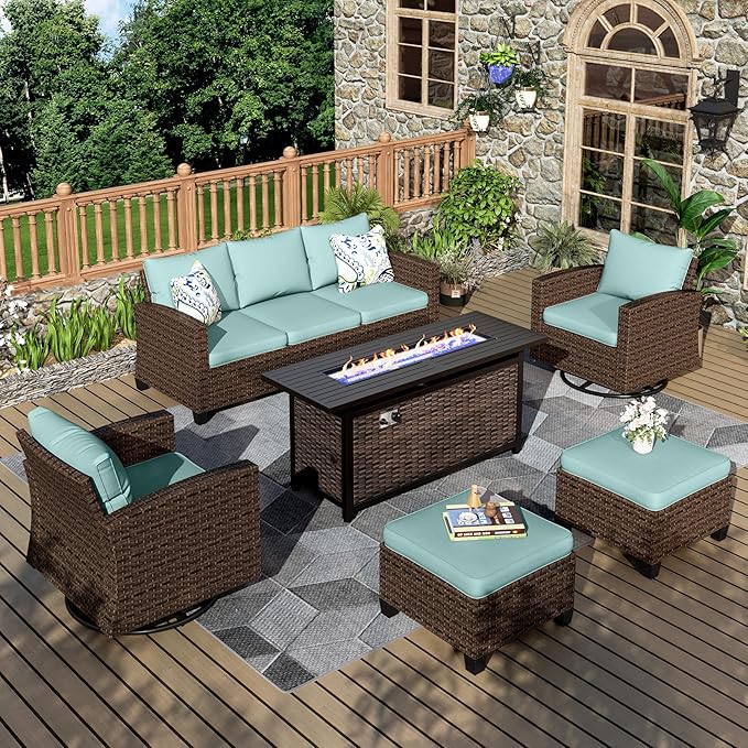 Swivel Glide Patio Furniture Set, 6 Pcs Wicker Outdoor Conversation Set, 2 x Swivel Chairs, 1 x 3 Seater Sofa and 2 x Ottoman with 4" Thick Cushion and 56" Fire Pit Table, Blue