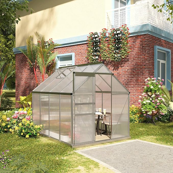 Outsunny 6' x 8' x 6.5' Polycarbonate Greenhouse with Adjustable Roof Vent, Walk-in Heavy Duty Green House Kit with Aluminum Frame, Sliding Door and Rain Gutter for Winter, Silver