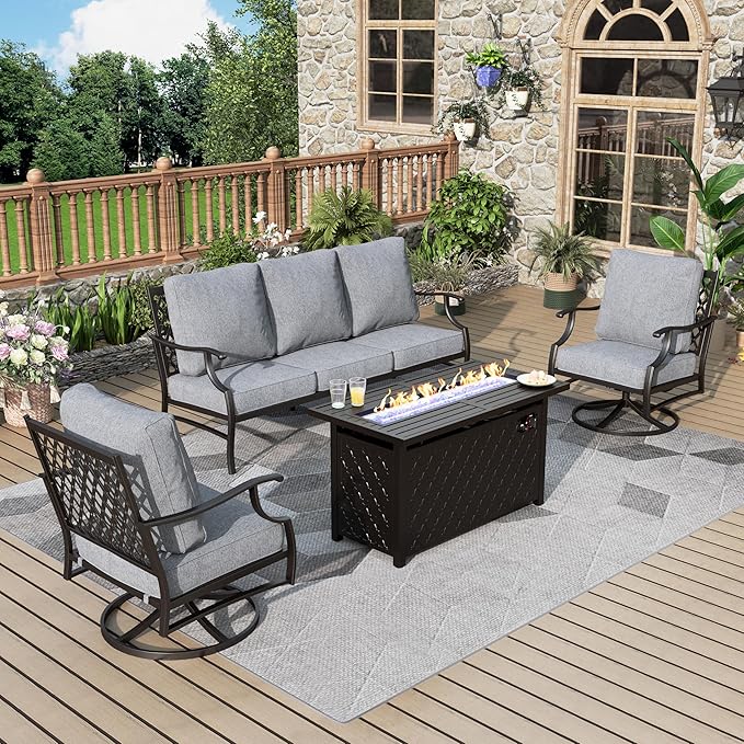 Patio Furniture Set with Firepit Table, 4 Pcs Metal Outdoor Conversation Set, 2 Swivel Chairs and 3 Seater Sofa with 5.75" Extra Thick Cushion and Gas Fire Pit Table for Backyard Deck, Grey
