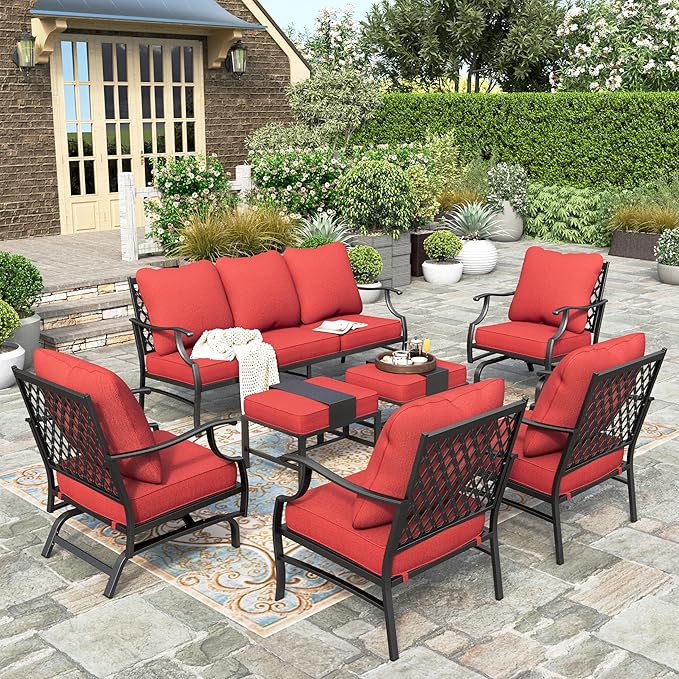 HERA'S HOUSE 7 Piece Patio Furniture Set, 2 x Rocking Chair, 2 x Fixed Chair, 2 x Ottoman, 1 x 3-Seat Sofa, All Cushioned 9 Seats Metal Outdoor Conversation Set for Lawn Garden Backyard