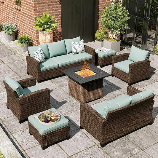 Patio Furniture Set, 7 Pcs Wicker Rattan Outdoor Conversation Set, 2 x Leg Chairs, 1 x 3 Seater Sofa, 1 x 2-Seat Lover Sofa and 2 x Ottomans with 4" Thick Cushion and 32" Fire Pit Table, Blue