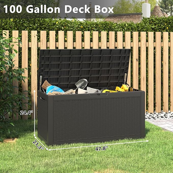 100 Gallon Resin Outdoor Storage Box,Waterproof Deck Box Lockable for Patio Furniture Cushions, Garden Tools, Heavy-Duty Double-Wall Structure with Gas Lift and Reinforced Seat Lid, Black