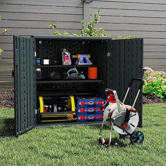 Outdoor Storage Cabinet with 2 Shelves, Waterproof Resin Horizontal Tool Shed, Lockable 15 cuft. Storage Shed for Patio, Garden, Yard, Grey