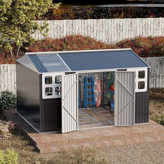 Restland 12x10 FT Metal Storage Shed with Floor Base Frame Reinforced Outdoor Shed with Clear Roof, Air Vent & Lockable Door Large Garden Tool Storage Sheds for Backyard, Garden, Lawn