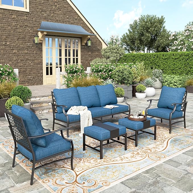 HERA'S HOUSE 5 Piece Patio Furniture Set, 2 x Leg Chair, 2 x Ottoman, 1 x 3-Seat Sofa, All Cushioned 7 Seats Metal Outdoor Conversation Set for Lawn Garden Backyard