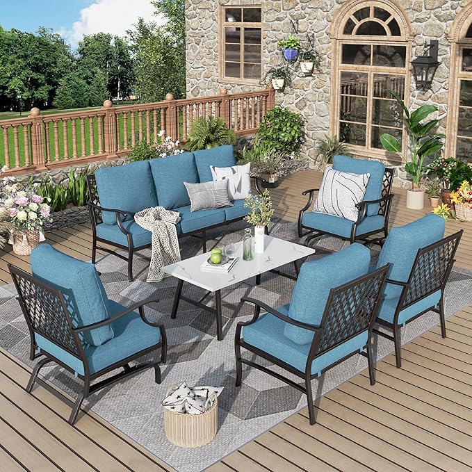 Patio Furniture Set 6 pcs, Outdoor Patio Furniture, 1 X 3-Seat Sofa, 2 X Single Chairs, 2 X Rocker Chairs, 1 X Coffee Table and 5.75" Extra Thick Cushion, Patio Conversation Set,Navy Blue
