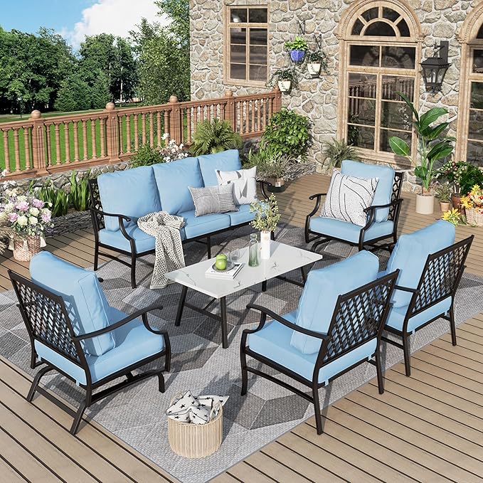 Patio Furniture Set 6 pcs, Outdoor Patio Furniture, 1 X 3-Seat Sofa, 2 X Single Chairs, 2 X Rocker Chairs, 1 X Coffee Table and 5.75" Extra Thick Cushion, Patio Conversation Set,Blue