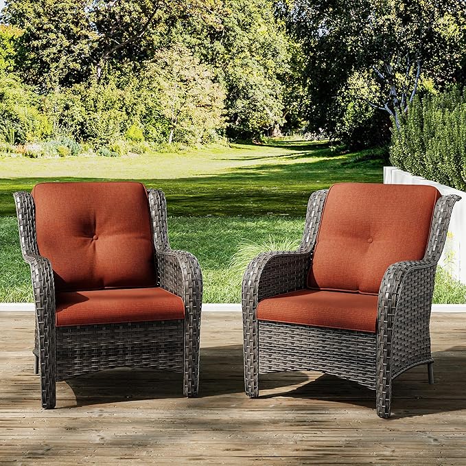 Joyside Outdoor Wicker Chair Rattan Patio Dining Chairs Set of 2 PE Wicker Patio Chairs with 4inch Seat Cushions Outdoor Patio Seating Chair for Garden, Backyard Deck(Mixed Grey/Orange)