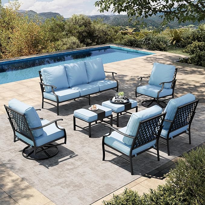 HERA'S HOUSE 7 Piece Patio Furniture Set, 2 x Swivel Chair, 2 x Fixed Chair, 2 x Ottoman, 1 x 3-Seat Sofa, All Cushioned Outdoor Conversation Set for Lawn Garden Backyard, Blue